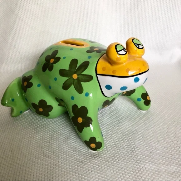 Ganz ceramic green frog piggy bank flowers polka dots EUC hand painted - Picture 3 of 14